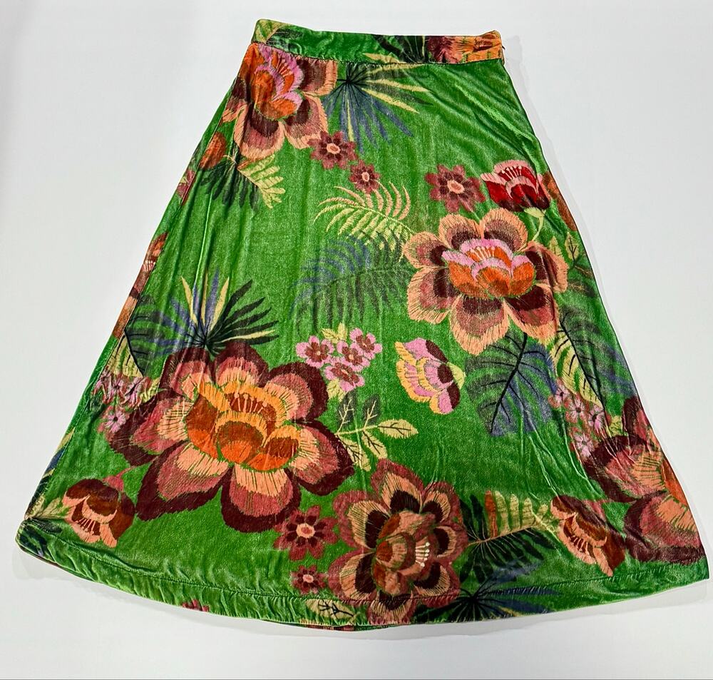 FARM Rio Green Silk Blend Velvet Tropical Floral Midi Skirt Small